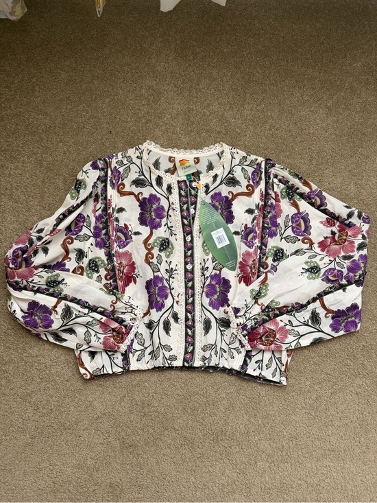 FARM Rio Tops - Farm Rio Cream Rococo Flowers Lace Long Sleeve Blouse